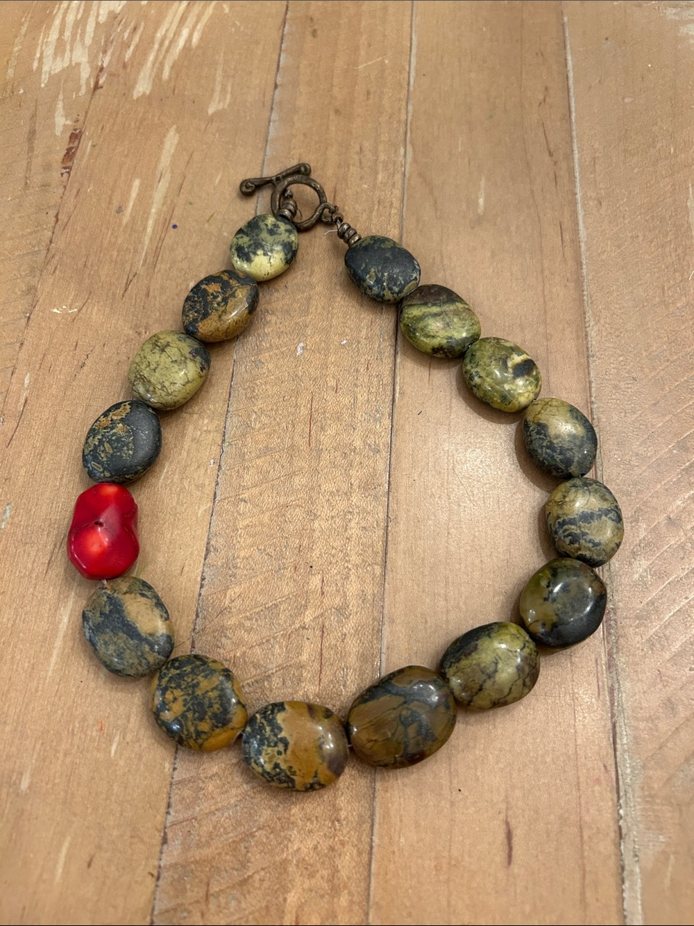 Natural Green and Black Jasper Bead Necklace with Red Accent